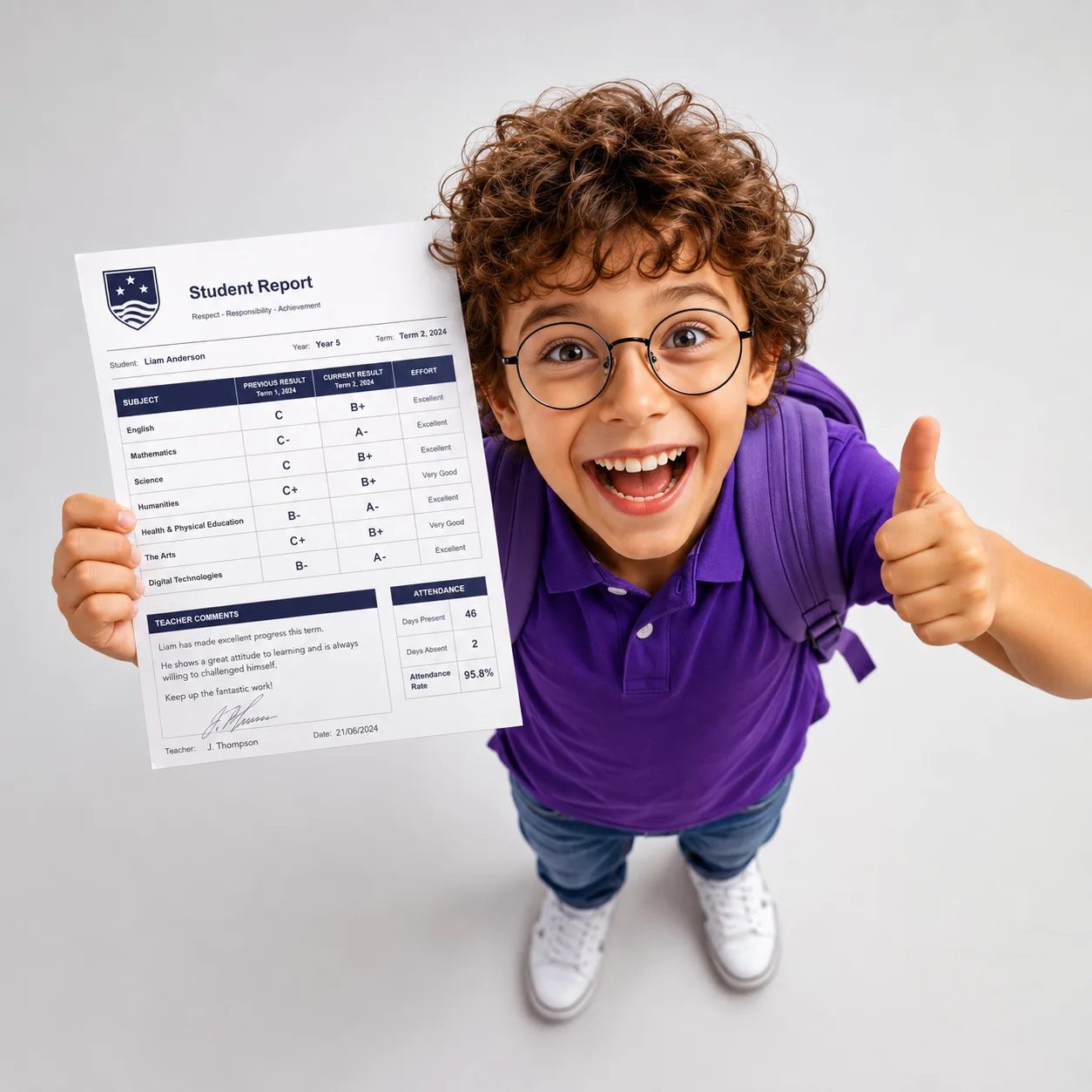 Smiling student giving a thumbs up while holding a school report showing improved grades